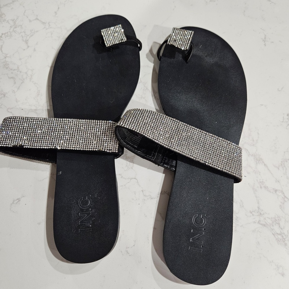 INC Black Rhinestone Toe-Loop Slide Sandals Women's Faux Leather Size 11